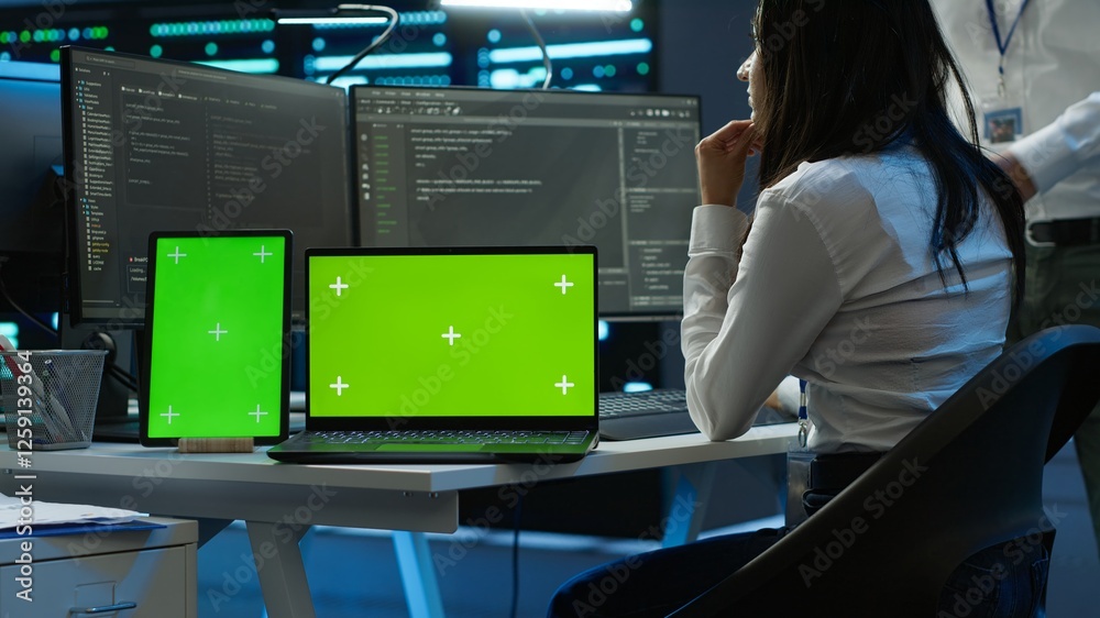 Poster engineers in data center monitoring security threats using chroma key devices. experts using isolate