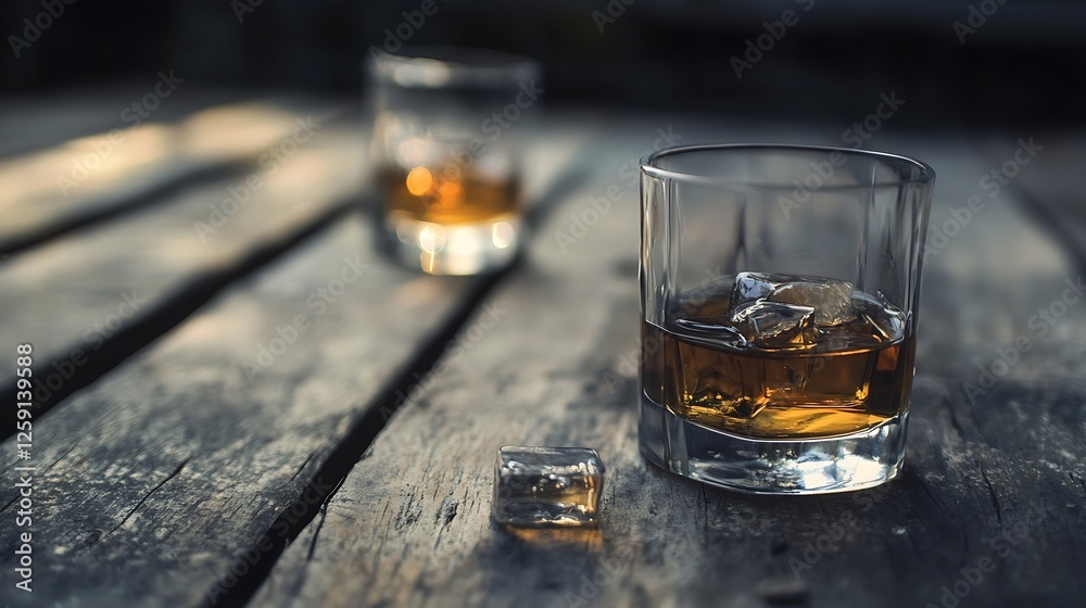 Poster elegant whiskey glass with ice cubes against rustic wooden table background showcasing relaxing ambi