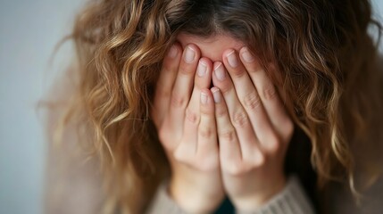 Fototapeta premium Emotive Image of a Young Woman in Distress Cradling Her Face with Hands While Experiencing Sadness : Generative AI