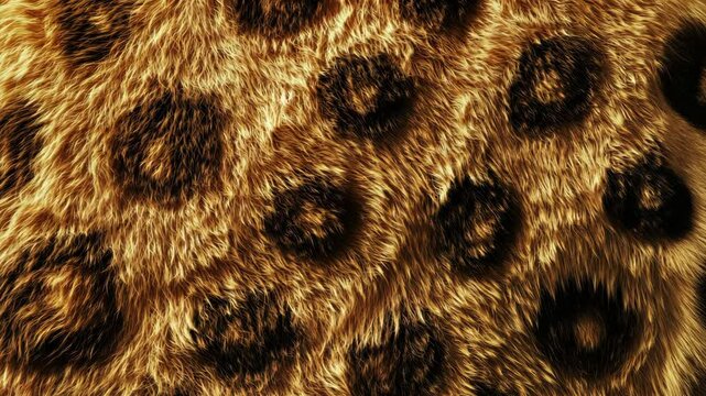 Close-up of jaguar fur texture, with large, dark rosette patterns on golden-brown fur, filling the screen with intricate details of the natural coat.
