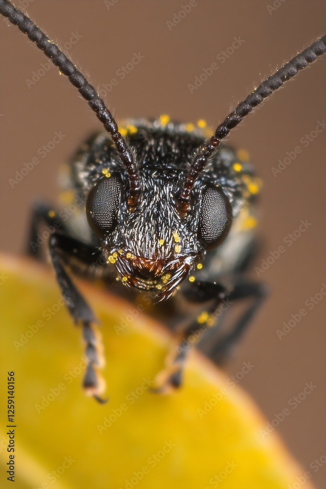 Poster Extreme Close Up of a Detailed Black Bug with Textured Surface and Macro Features : Generative AI
