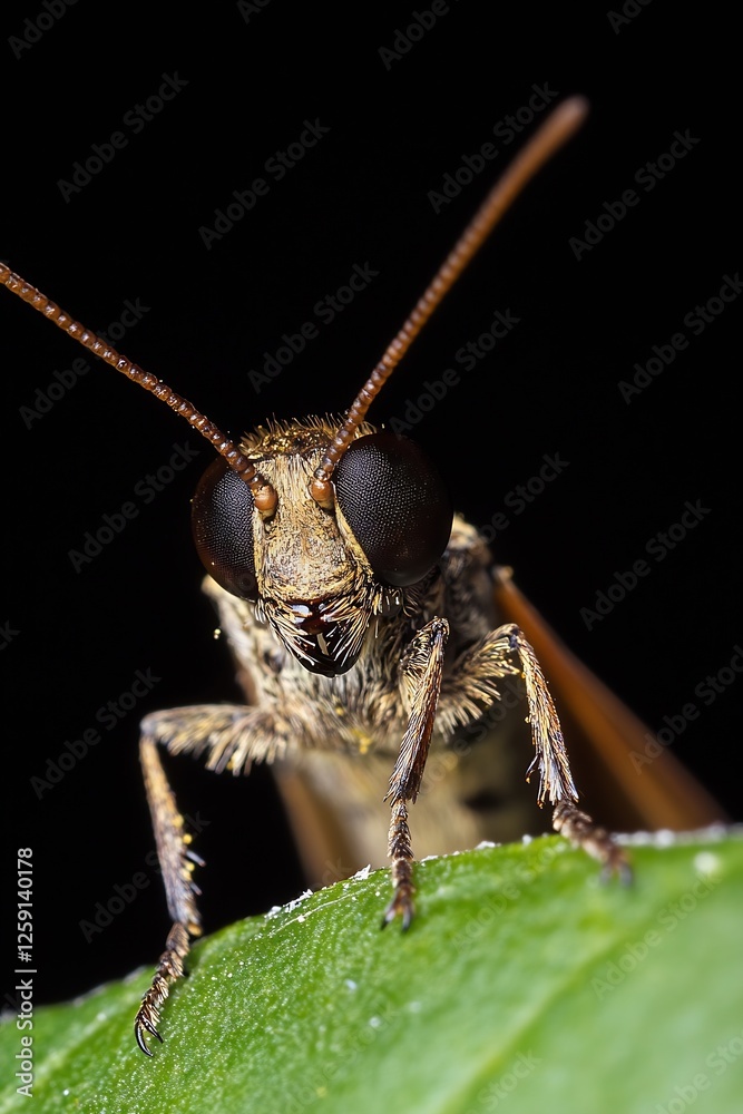 Poster close up shot of a striking insect perched on a leaf showcasing its intricate details and textures :