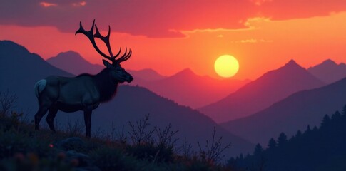 Silhouette of an elk in the mountains at sunset , elk, nature, mountain