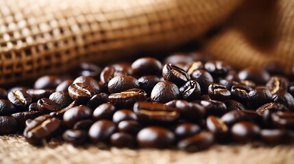 Freshly roasted coffee beans on a rustic burlap background for coffee lovers and brewers : Generative AI