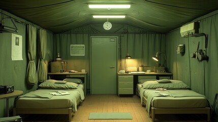 Military tent interior, soldiers' nighttime quarters, base camp, war documentary