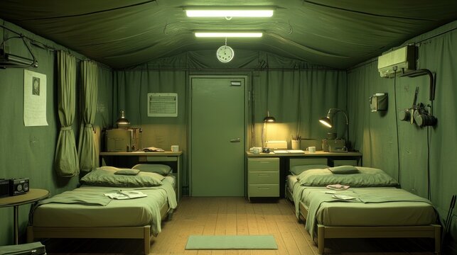 Military tent interior, soldiers' nighttime quarters, base camp, war documentary