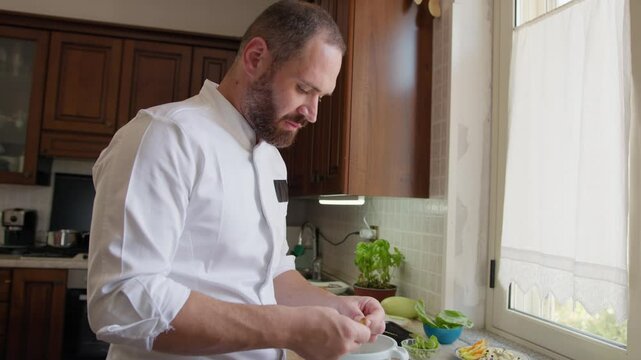 Chef Is Preparing Food Line In A Private Home Kitchen