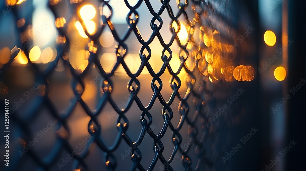 Poster Metal Chain Link Fence Capturing the Glimmering Sunset Reflections and Urban Atmosphere with Soft Bokeh Effects : Generative AI