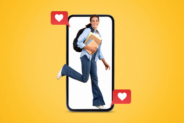 A young person is engaging with their smartphone, smiling while holding books. Colorful hearts emphasize the theme of love and social media connections during Valentine's celebrations.