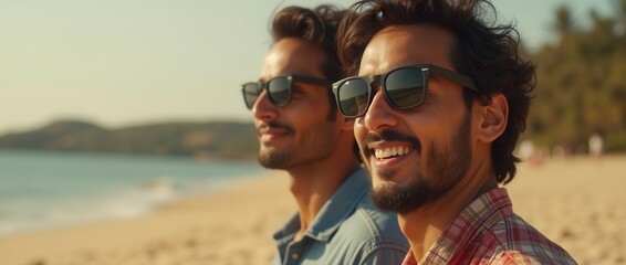 Obraz premium Happy Indian Young Men Enjoying Beach Sunset