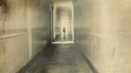 Fototapeta premium A shadowy silhouette stands at the end of a foggy vintage hallway. The soft light filtering through the misty air creates a surreal and haunting atmosphere. AI generated.
