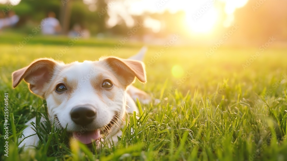 Poster Happy playful dog lying on grass in a sunny park with a joyful expression and warm sunlight : Generative AI