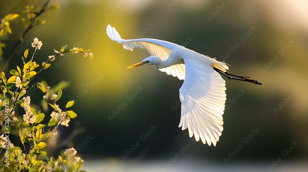Aufkleber graceful white egret in mid flight with stunning background of soft sunlight and blurred greenery : 