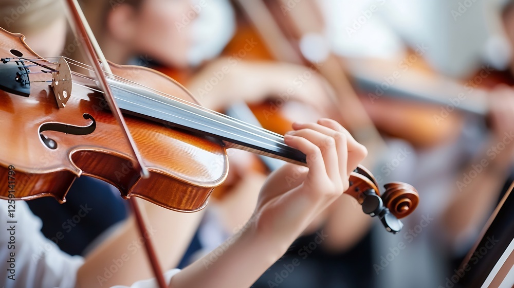 Aufkleber Close Up of Hands Playing Violin in a Classical Music Setting with Soft Focus Background : Generative AI