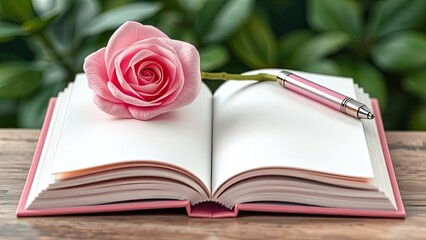 Pink Rose Open Book Pen Romantic Writing Inspiration