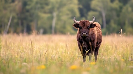 Brown Bison Standing in Green Pasture Under Clear Sky : Generative AI