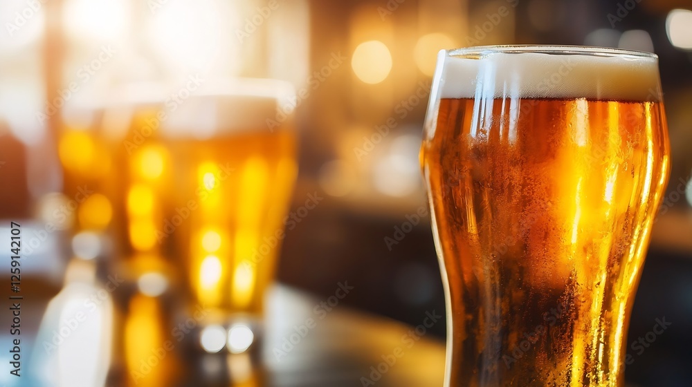 Poster refreshing pints of beer in a cozy bar with warm ambiance : generative ai