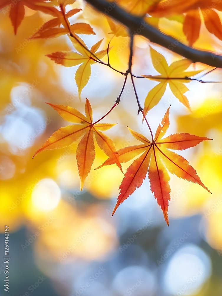 Aufkleber vibrant autumn leaves in shades of orange and yellow on tree branch against soft background : genera