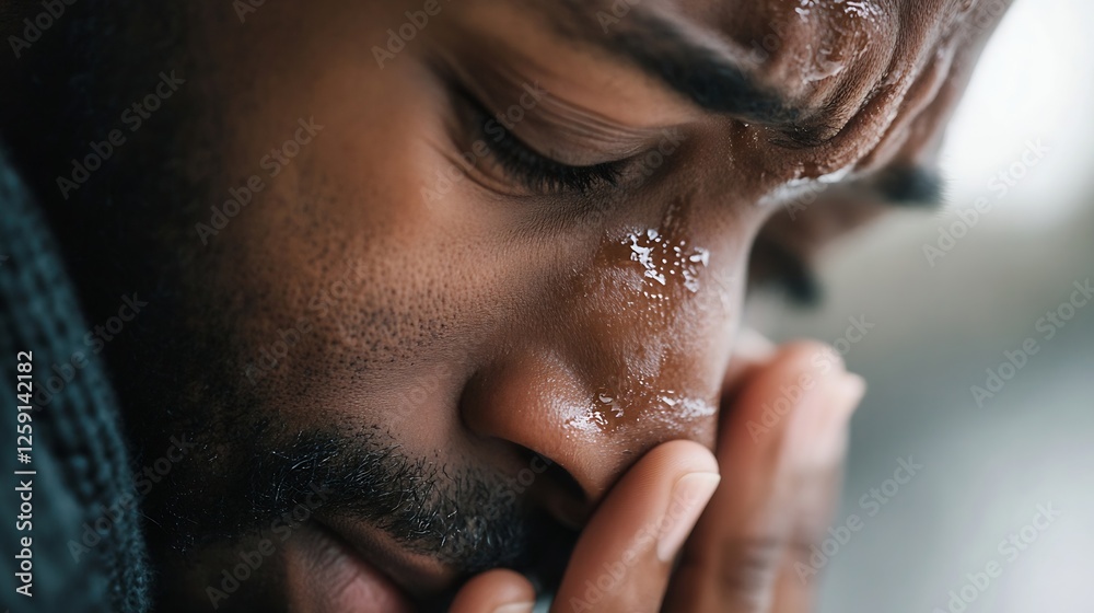 Poster close up of man in deep thought with a water droplet on his face in an emotional and reflective mome