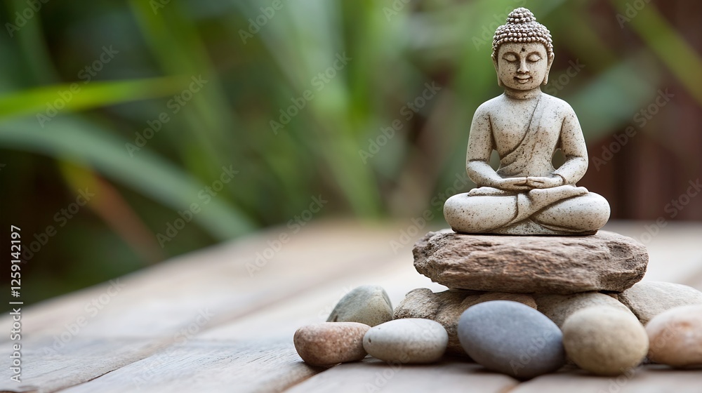 Poster serene stone statue of buddha surrounded by pebbles conveying peace and tranquility : generative ai