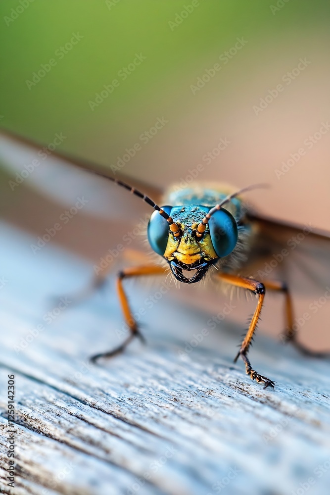 Poster macro photography of a colorful insect with detailed features on a wooden surface : generative ai