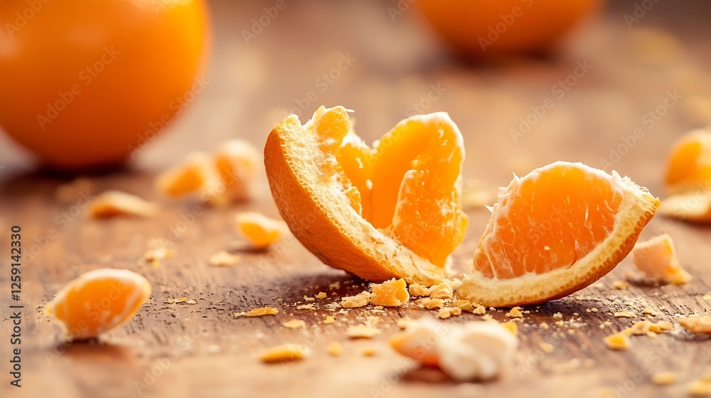 Poster fresh orange segments on rustic wooden table with juicy fruit in background : generative ai