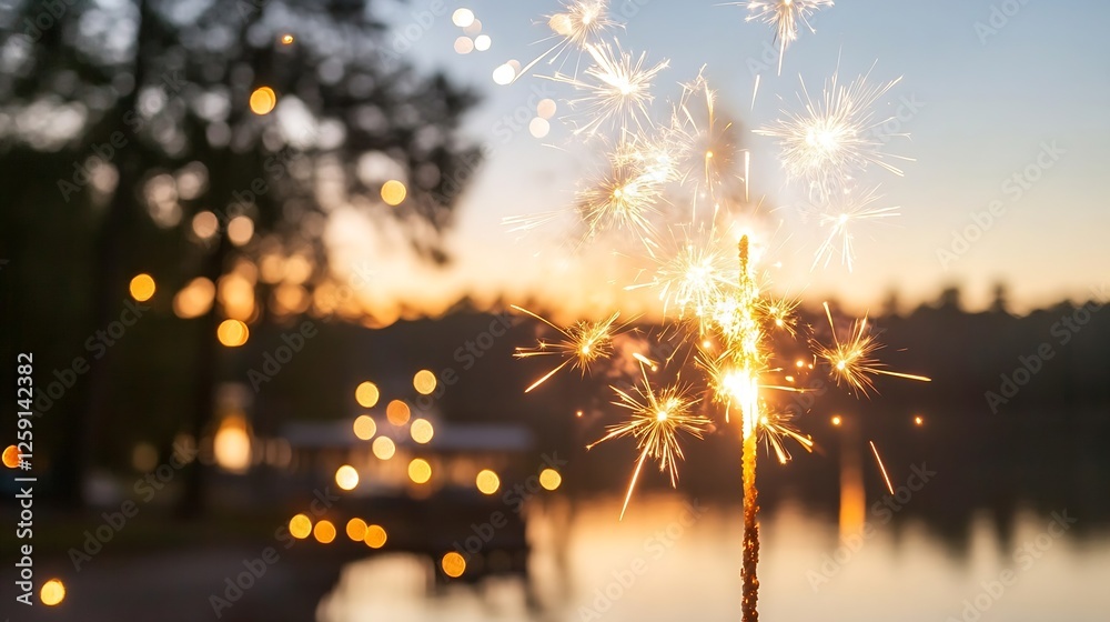 Aufkleber sparkling fireworks over calm water at sunset creating magical bokeh effect : generative ai