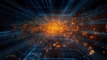 Neon data flow futuristic cyberspace tech connection. Particles light trail data lines abstract background - Powered by Adobe