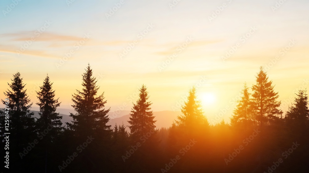 Poster stunning sunset view behind silhouette of evergreen trees casting beautiful shadows over horizon : g