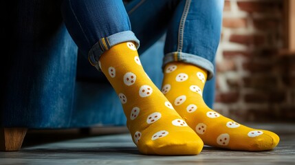 Vibrant yellow socks with playful cheese print worn with rolled-up jeans, capturing cozy indoor vibes. Fun and quirky fashion statement perfect for casual and relaxed moments
