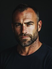 Fototapeta premium Serious and confident man with a strong beard and intense gaze in a dark background portrait : Generative AI