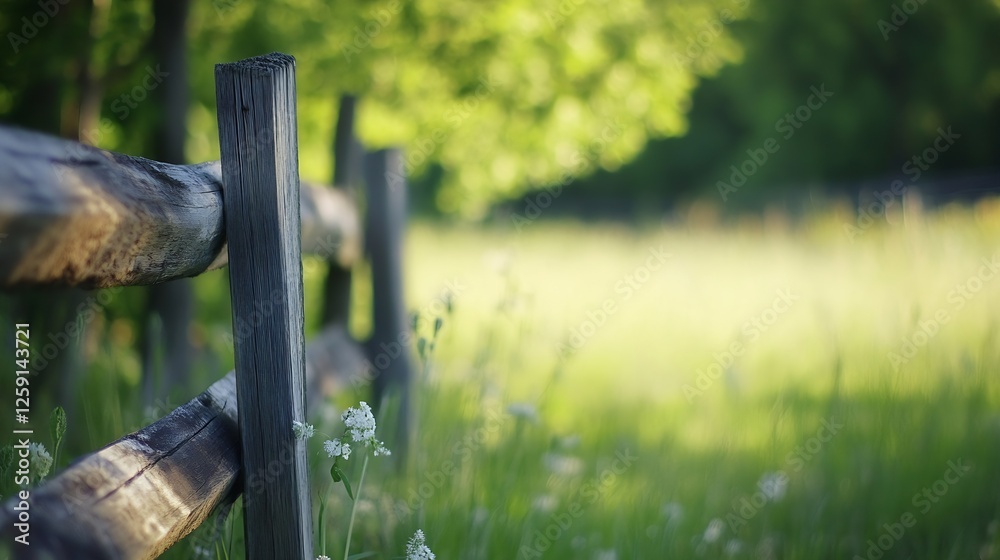 Poster rustic wooden fence in tranquil field surrounded by lush green grass and trees inviting a sense of p