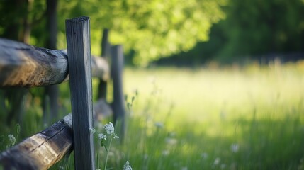 Rustic wooden fence in tranquil field surrounded by lush green grass and trees inviting a sense of peace : Generative AI