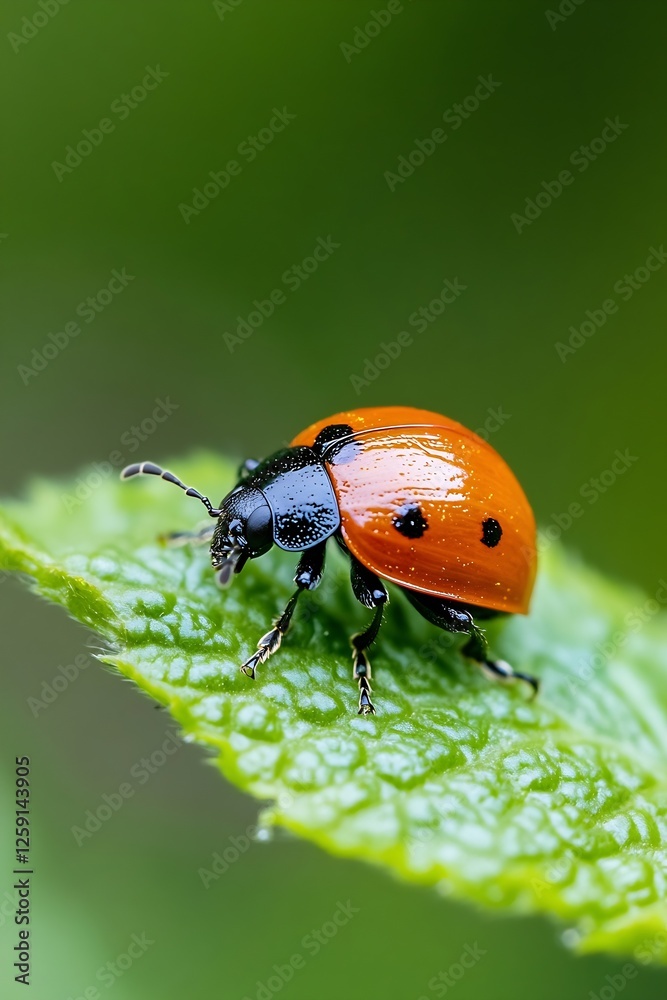 Poster Macro Shot of a Vibrant Orange Ladybug on a Green Leaf with Soft Focus Background : Generative AI