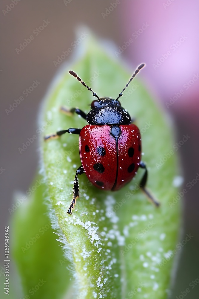 Poster close up of vibrant red ladybug perched on a green leaf revealing intricate details : generative ai