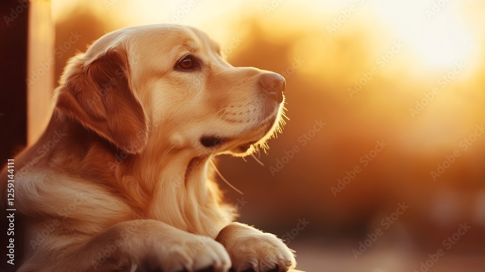 Poster golden retriever dog resting with peaceful expression during sunset creating a warm ambiance : gener