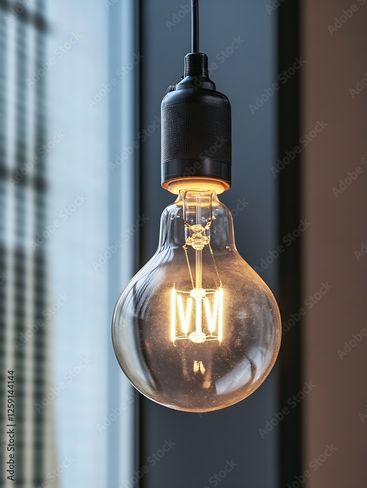 Poster vintage bulb shine with warm glow in modern minimalist setting : generative ai