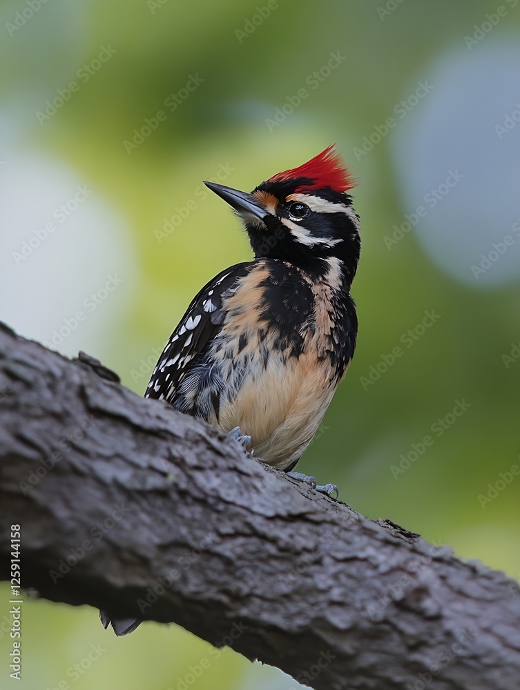 Poster vibrant close up of colorful woodpecker perched on a tree branch surrounded by lush greenery : gener
