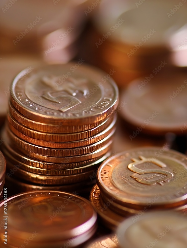 Leinwandbilder close-up view of stacked coins in macro photography with warm lighting and unique details : generati