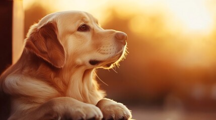 Obraz na płótnie Canvas Golden retriever dog resting with peaceful expression during sunset creating a warm ambiance : Generative AI