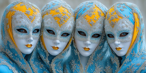 Obraz premium Four people wearing sky-blue and gold masks adorned with shiny silver details. Generated with AI