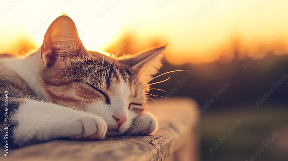 Poster sleepy cat relaxing in golden sunset light with soft fur and peaceful expression : generative ai