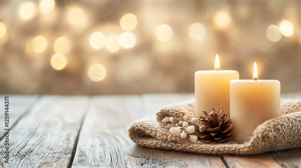 Poster serene lit candles on rustic wooden surface with festive bokeh background evoking warmth and tranqui