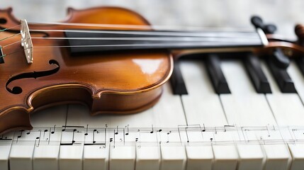 Fototapeta premium Close-Up of a Beautiful Wooden Violin on Piano Keys with Musical Notes : Generative AI