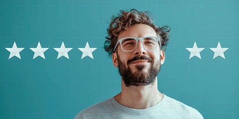 A smiling man with glasses stands against a blue background, flanked by five white stars, suggesting satisfaction or high rating.