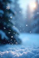 Fototapeta premium Snowflakes gently falling on a frosty windowpane, cold weather, festive background