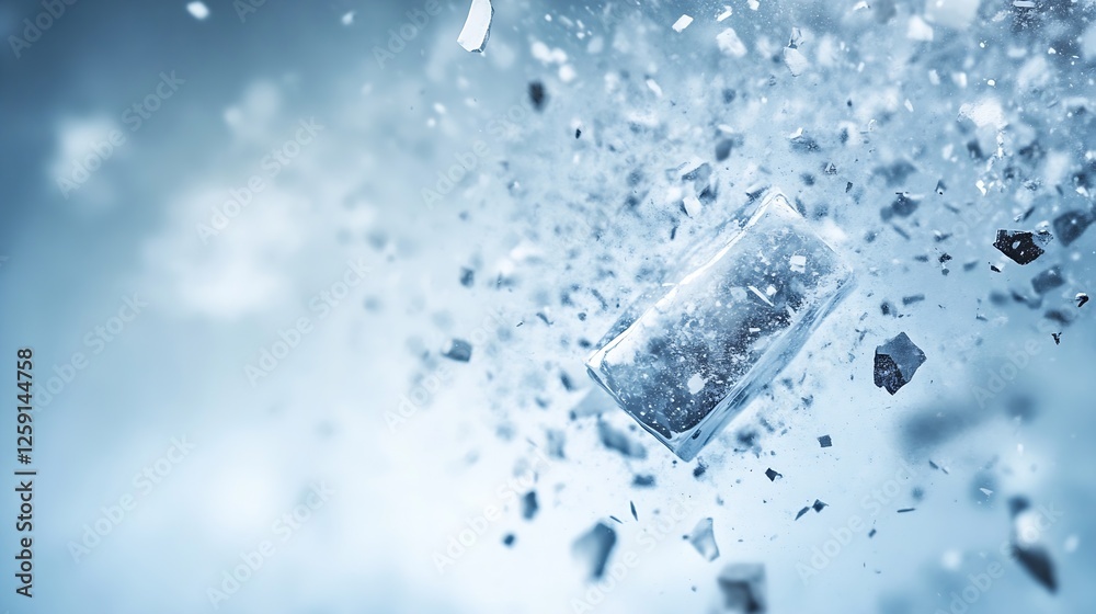 Aufkleber dynamic impact of broken glass shattering with blue light reflection : generative ai