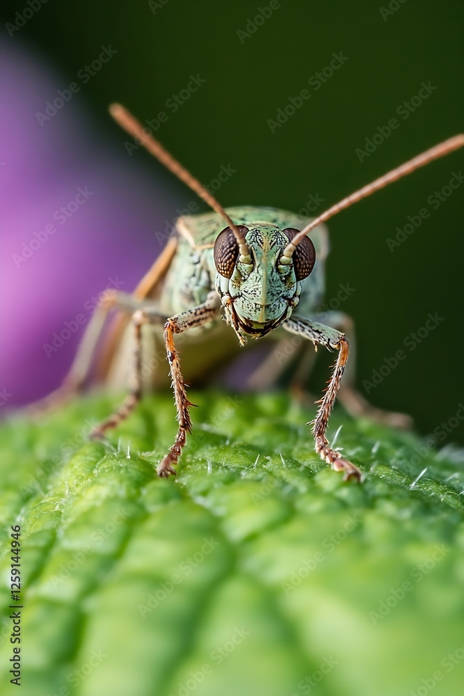 Poster Close Up of Green Grasshopper on Leaf in Natural Setting : Generative AI
