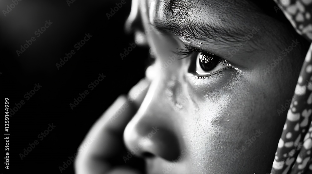 Poster intense close up of a child's eye reflecting emotion and depth in black and white : generative ai