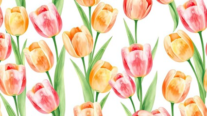Obraz premium Watercolor Tulips Seamless Pattern Spring Flowers Peach Orange Pink Floral Design Botanical